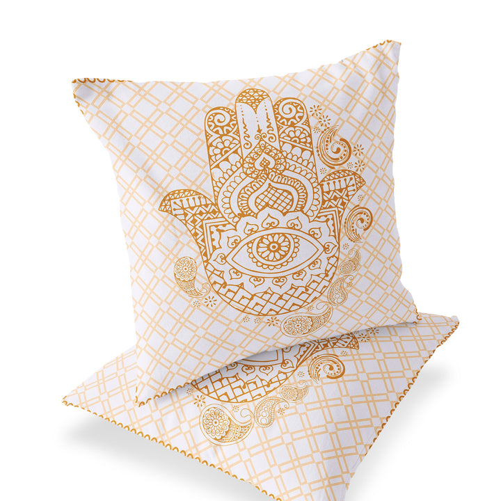 Set of Two 16" X 16" Gold and White Blown Seam Hamsa Indoor Outdoor Throw Pillow