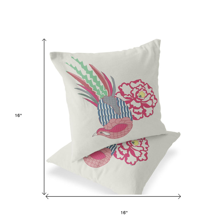 Set of Two 16" X 16" Pink and White Peacock Blown Seam Floral Indoor Outdoor Throw Pillow