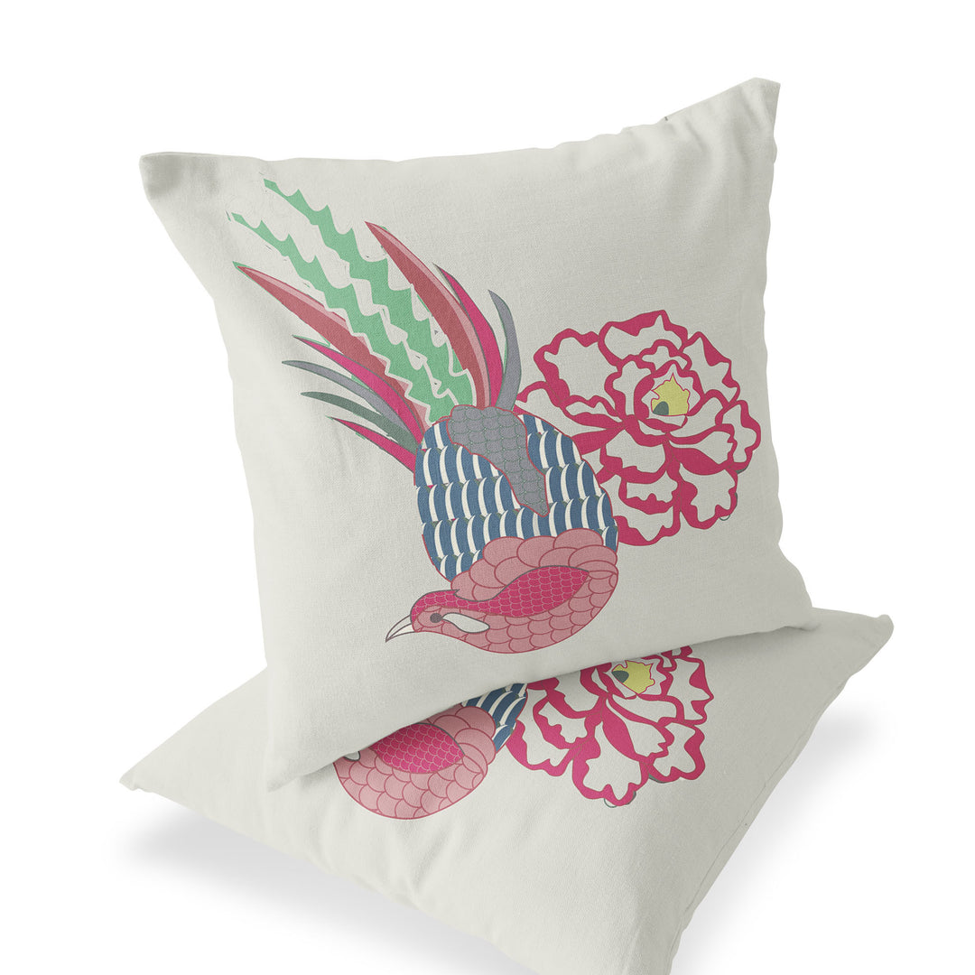 Set of Two 16" X 16" Pink and White Peacock Blown Seam Floral Indoor Outdoor Throw Pillow