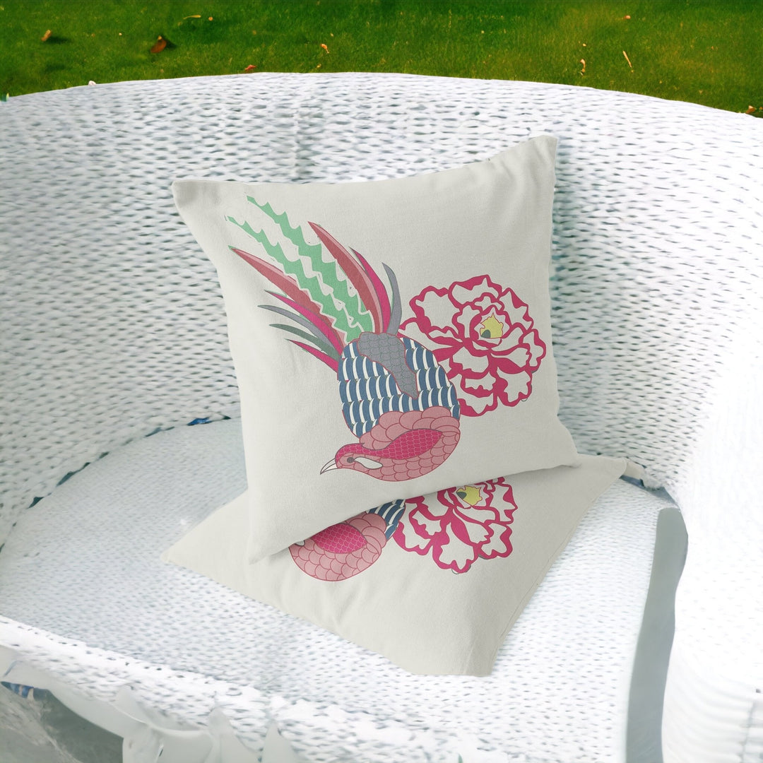 Set of Two 16" X 16" Pink and White Peacock Blown Seam Floral Indoor Outdoor Throw Pillow