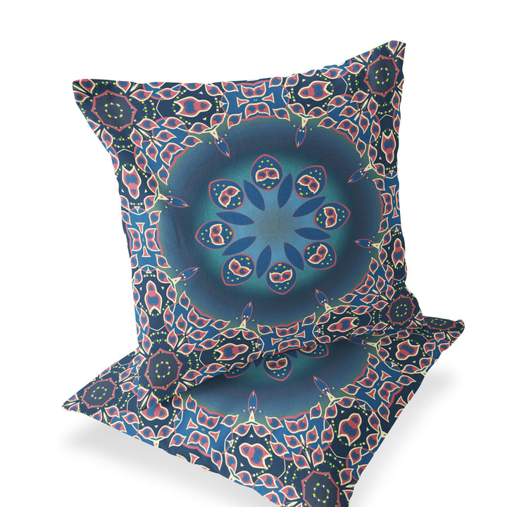 Set of Two 16" X 16" Blue and Pink Blown Seam Floral Indoor Outdoor Throw Pillow