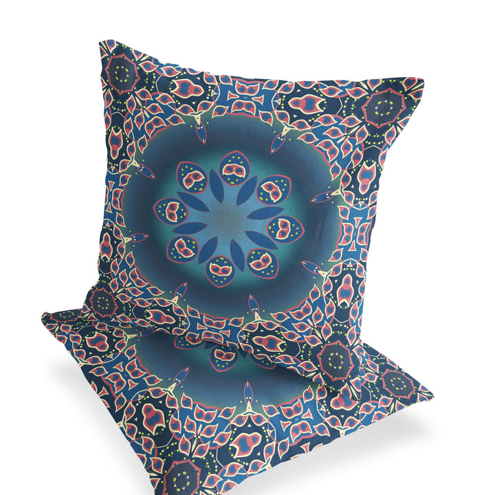 Set of Two 16" X 16" Blue and Pink Blown Seam Floral Indoor Outdoor Throw Pillow