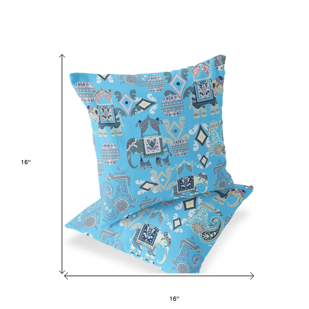 Set of Two 16" X 16" Blue and Gray Elephant Blown Seam Eclectic Indoor Outdoor Throw Pillow