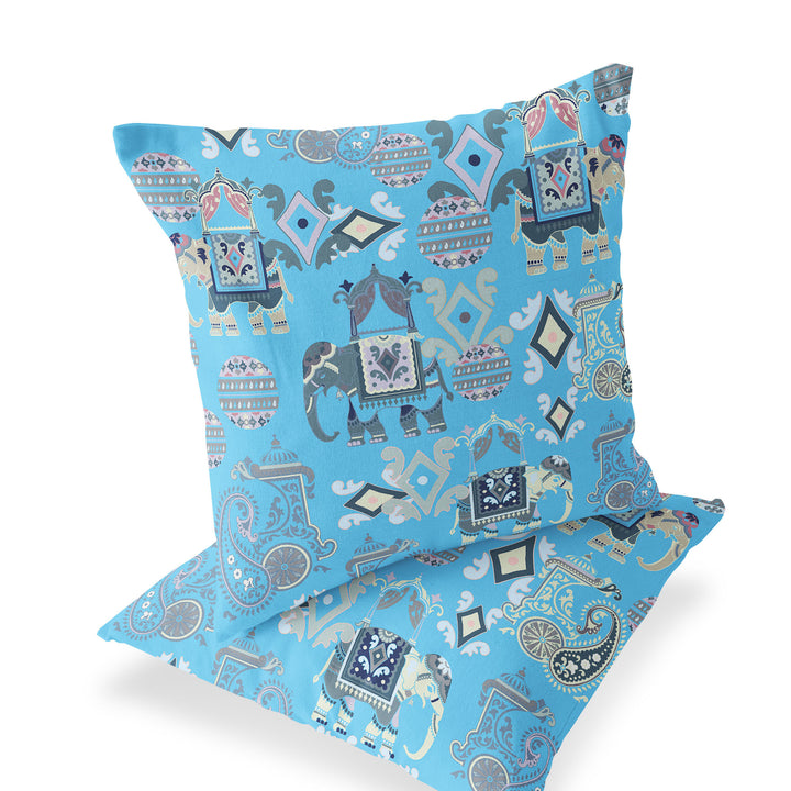 Set of Two 16" X 16" Blue and Gray Elephant Blown Seam Eclectic Indoor Outdoor Throw Pillow