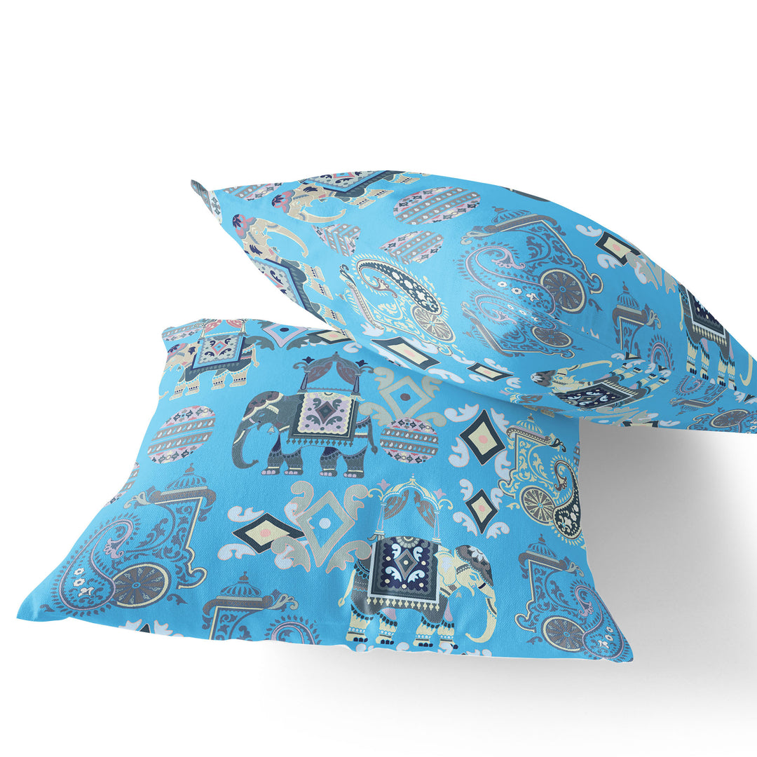 Set of Two 16" X 16" Blue and Gray Elephant Blown Seam Eclectic Indoor Outdoor Throw Pillow