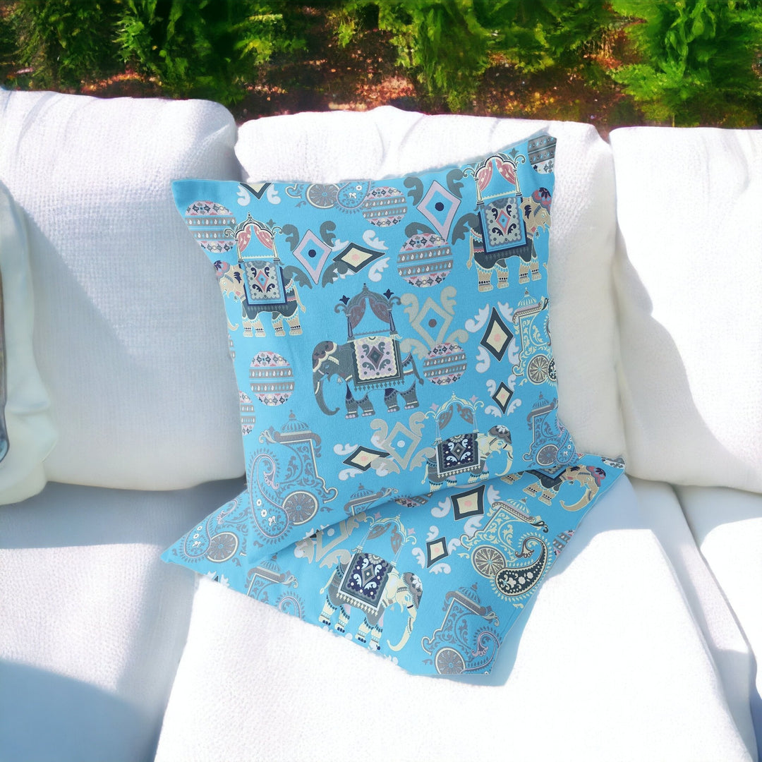 Set of Two 16" X 16" Blue and Gray Elephant Blown Seam Eclectic Indoor Outdoor Throw Pillow