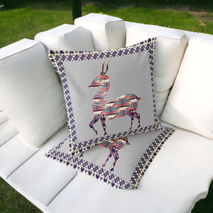 Set of Two 16" X 16" Gray and Purple Deer Blown Seam Animal Print Indoor Outdoor Throw Pillow