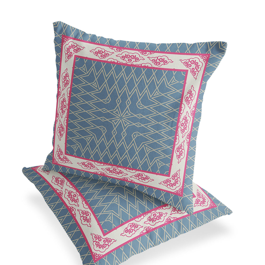 Set of Two 16" X 16" Blue and Pink Blown Seam Geometric Indoor Outdoor Throw Pillow