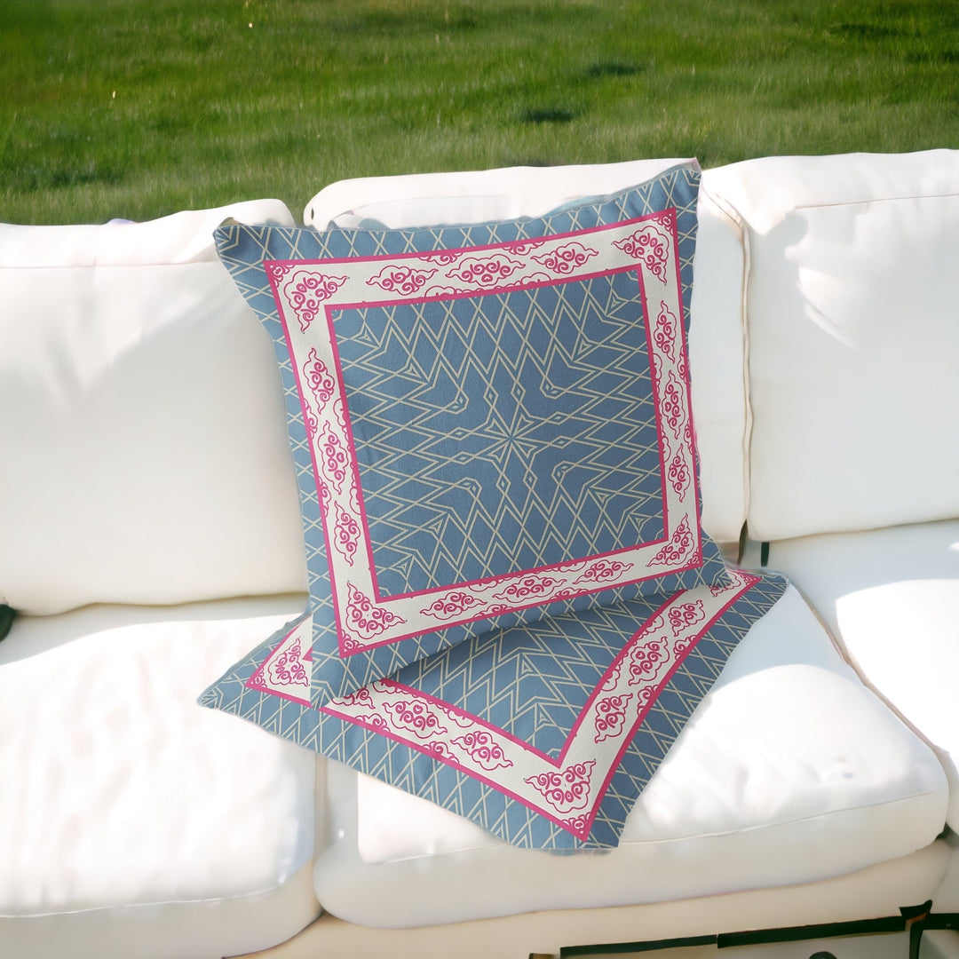 Set of Two 16" X 16" Blue and Pink Blown Seam Geometric Indoor Outdoor Throw Pillow