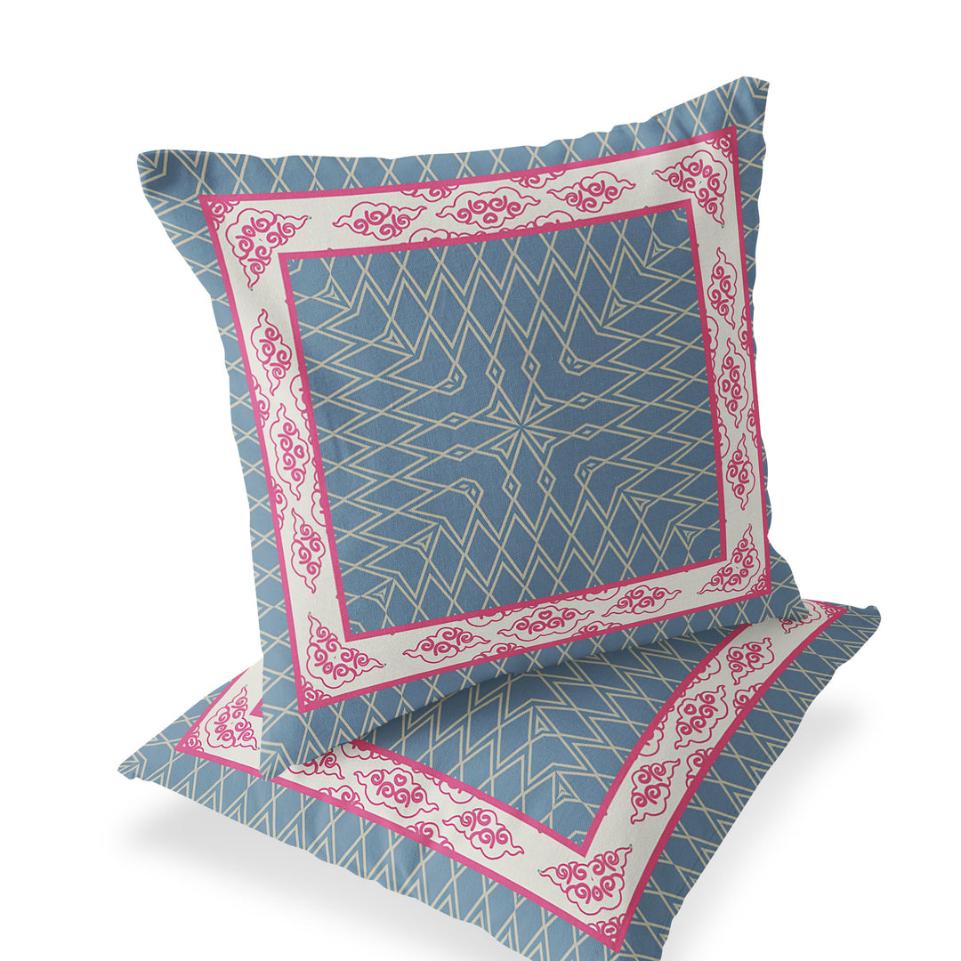 Set of Two 16" X 16" Blue and Pink Blown Seam Geometric Indoor Outdoor Throw Pillow