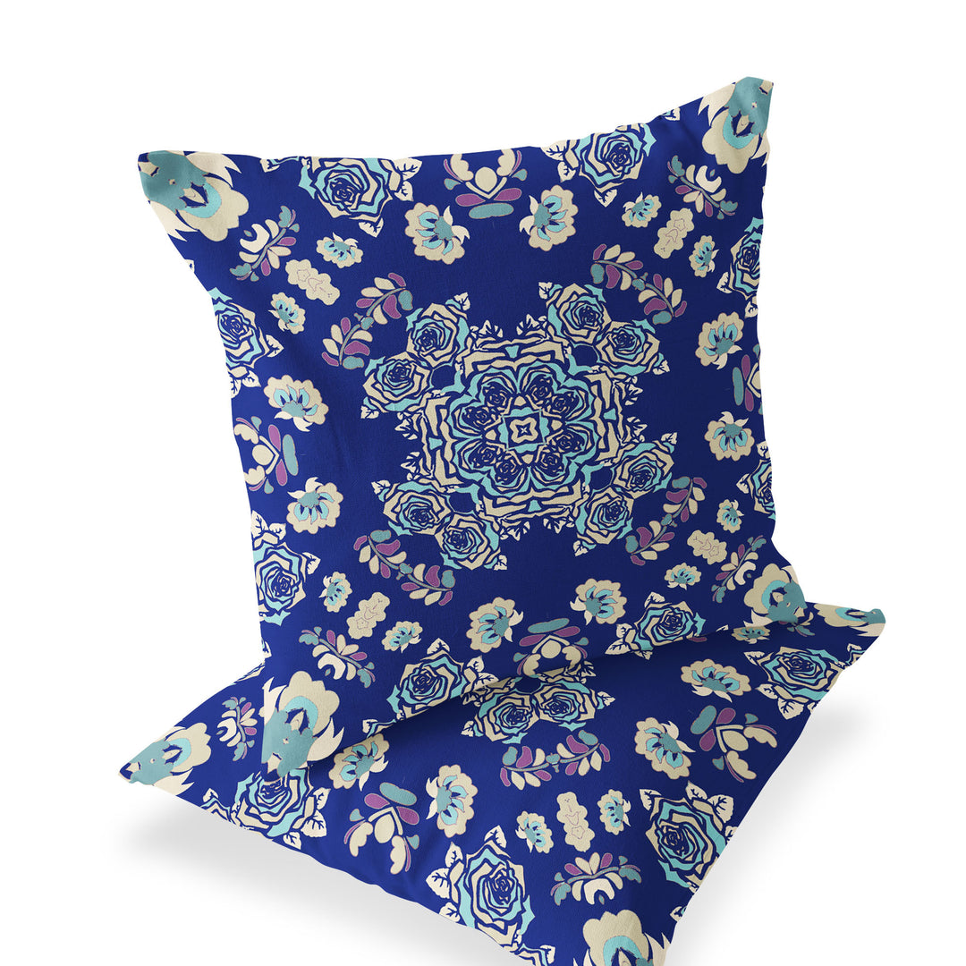 Set of Two 16" X 16" Blue and White Blown Seam Floral Indoor Outdoor Throw Pillow