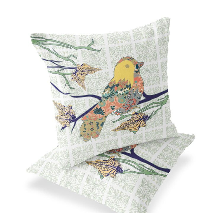 Set of Two 16" X 16" Green and White Bird Blown Seam Floral Indoor Outdoor Throw Pillow