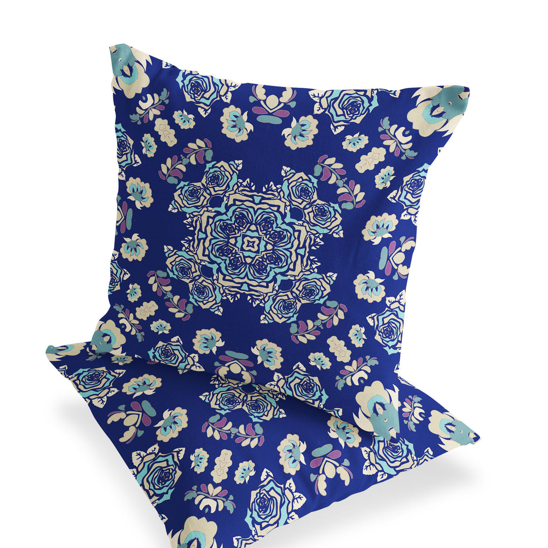 Set of Two 16" X 16" Blue and White Blown Seam Floral Indoor Outdoor Throw Pillow