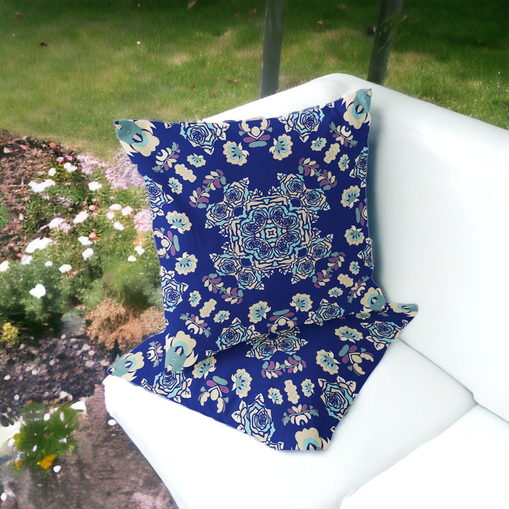 Set of Two 16" X 16" Blue and White Blown Seam Floral Indoor Outdoor Throw Pillow