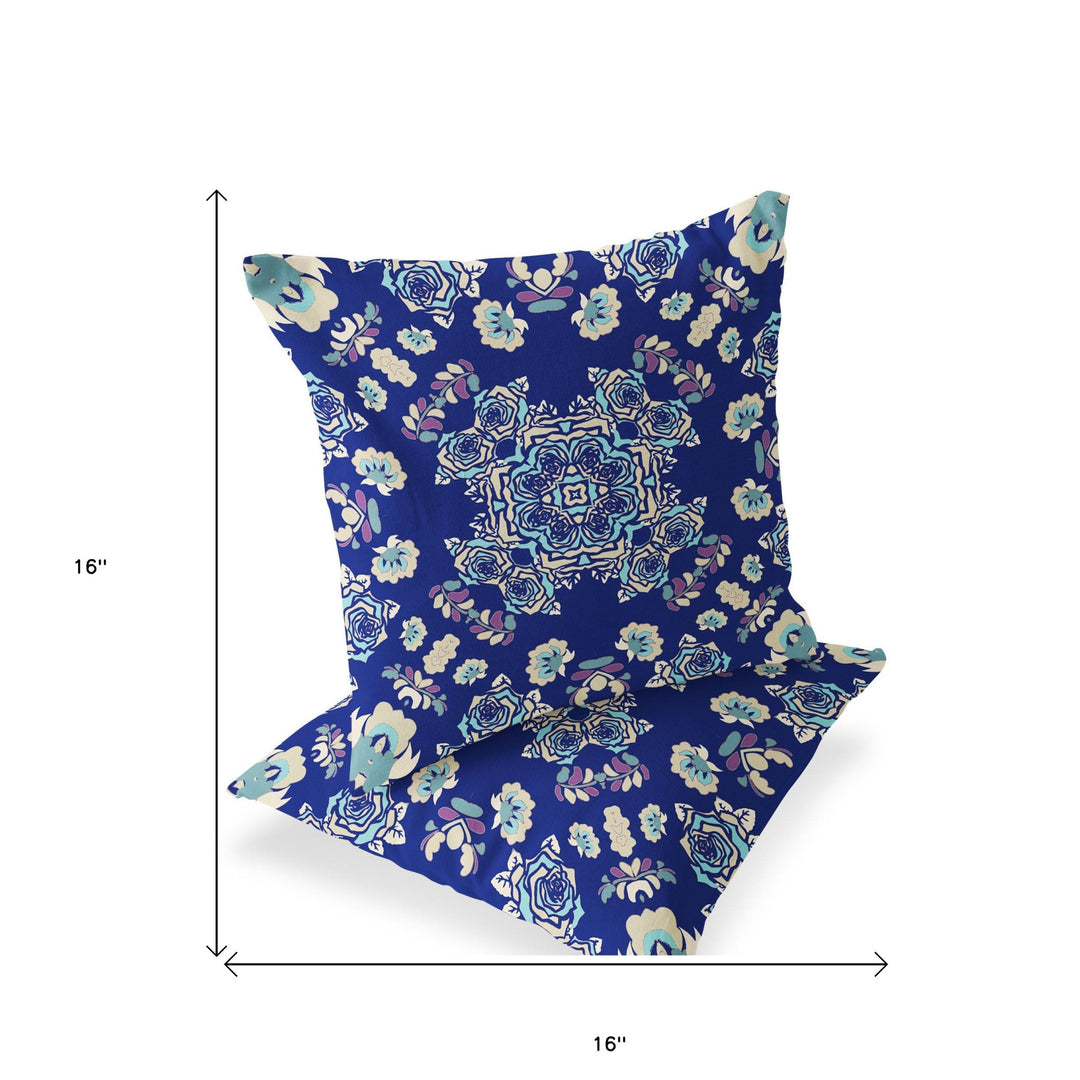 Set of Two 16" X 16" Blue and White Blown Seam Floral Indoor Outdoor Throw Pillow