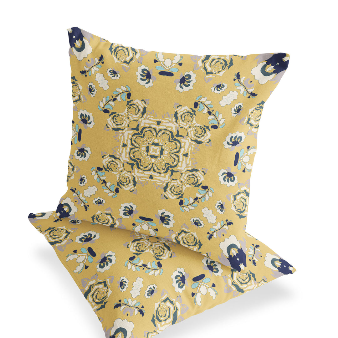 Set of Two 16" X 16" Blue and Yellow Blown Seam Floral Indoor Outdoor Throw Pillow