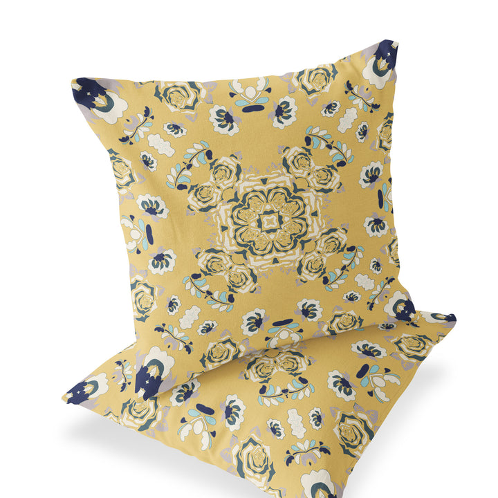 Set of Two 16" X 16" Blue and Yellow Blown Seam Floral Indoor Outdoor Throw Pillow