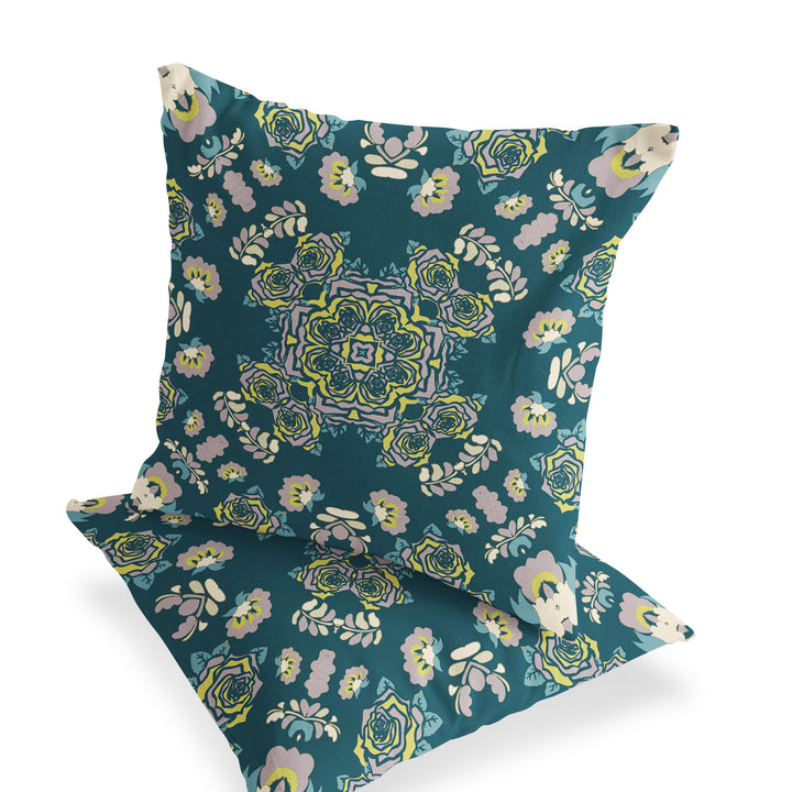 Set of Two 16" X 16" Green and Yellow Blown Seam Floral Indoor Outdoor Throw Pillow