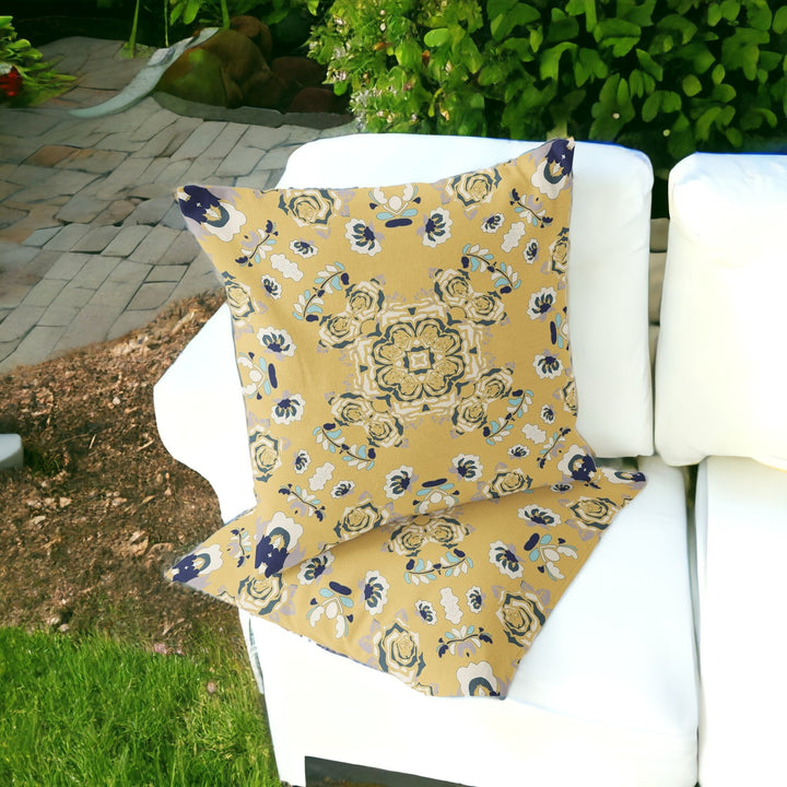 Set of Two 16" X 16" Blue and Yellow Blown Seam Floral Indoor Outdoor Throw Pillow