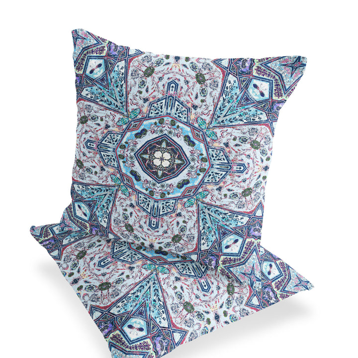 Set of Two 16" X 16" Blue and Gray Blown Seam Floral Indoor Outdoor Throw Pillow