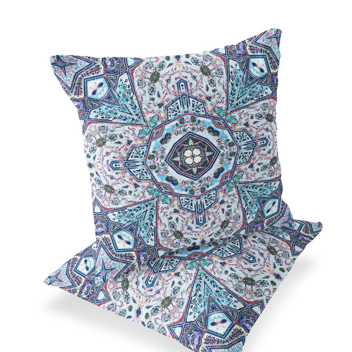 Set of Two 16" X 16" Blue and Gray Blown Seam Floral Indoor Outdoor Throw Pillow