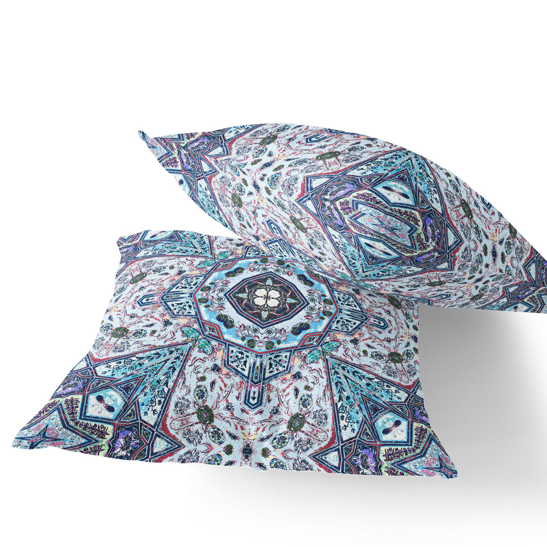 Set of Two 16" X 16" Blue and Gray Blown Seam Floral Indoor Outdoor Throw Pillow