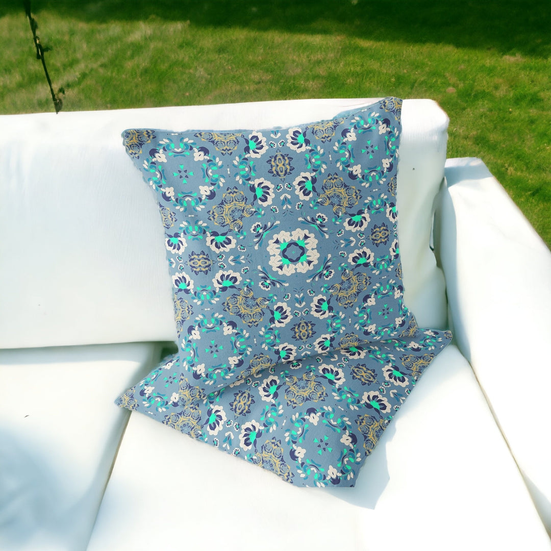 Set of Two 16" X 16" Blue and Green Blown Seam Floral Indoor Outdoor Throw Pillow