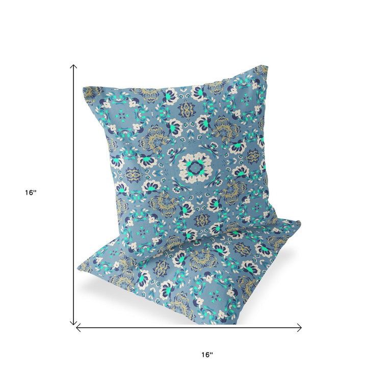 Set of Two 16" X 16" Blue and Green Blown Seam Floral Indoor Outdoor Throw Pillow