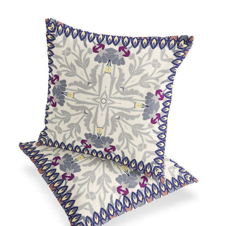 Set of Two 16" X 16" Gray and Purple Blown Seam Floral Indoor Outdoor Throw Pillow