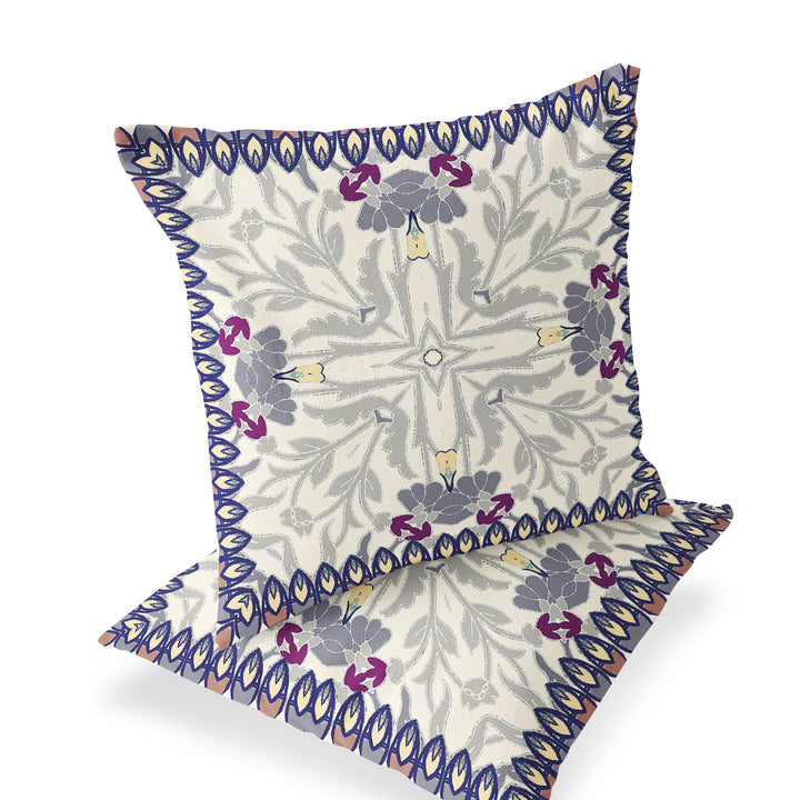 Set of Two 16" X 16" Gray and Purple Blown Seam Floral Indoor Outdoor Throw Pillow