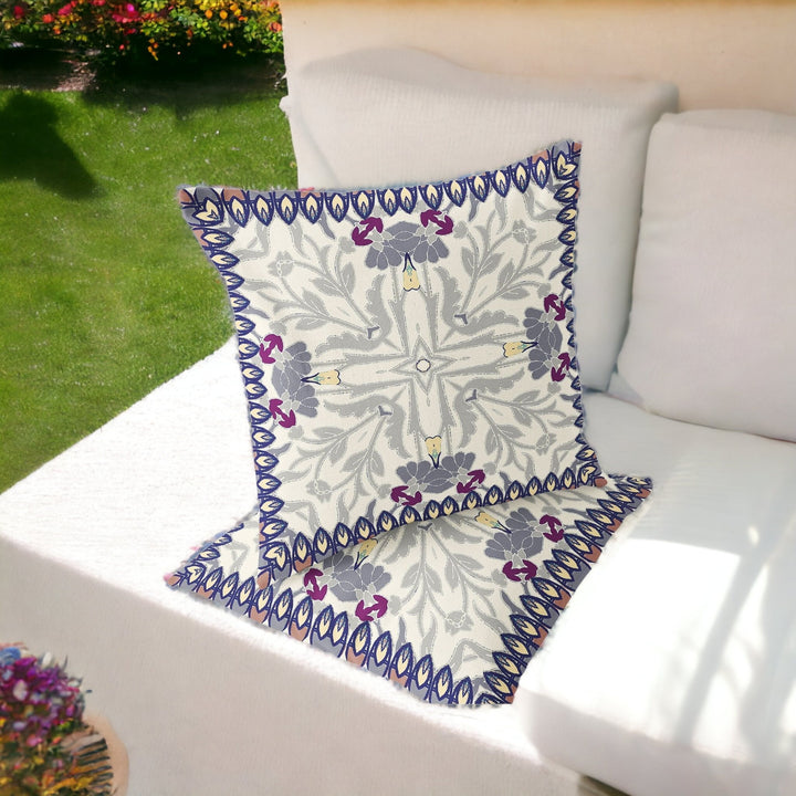 Set of Two 16" X 16" Gray and Purple Blown Seam Floral Indoor Outdoor Throw Pillow