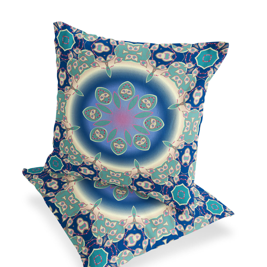 Set of Two 16" X 16" Blue and Green Blown Seam Floral Indoor Outdoor Throw Pillow