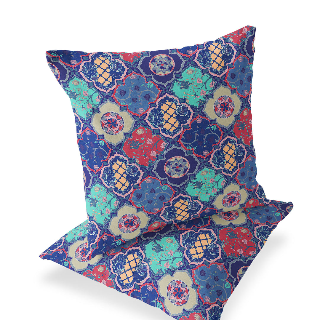 Set of Two 16" X 16" Blue and Green Blown Seam Floral Indoor Outdoor Throw Pillow