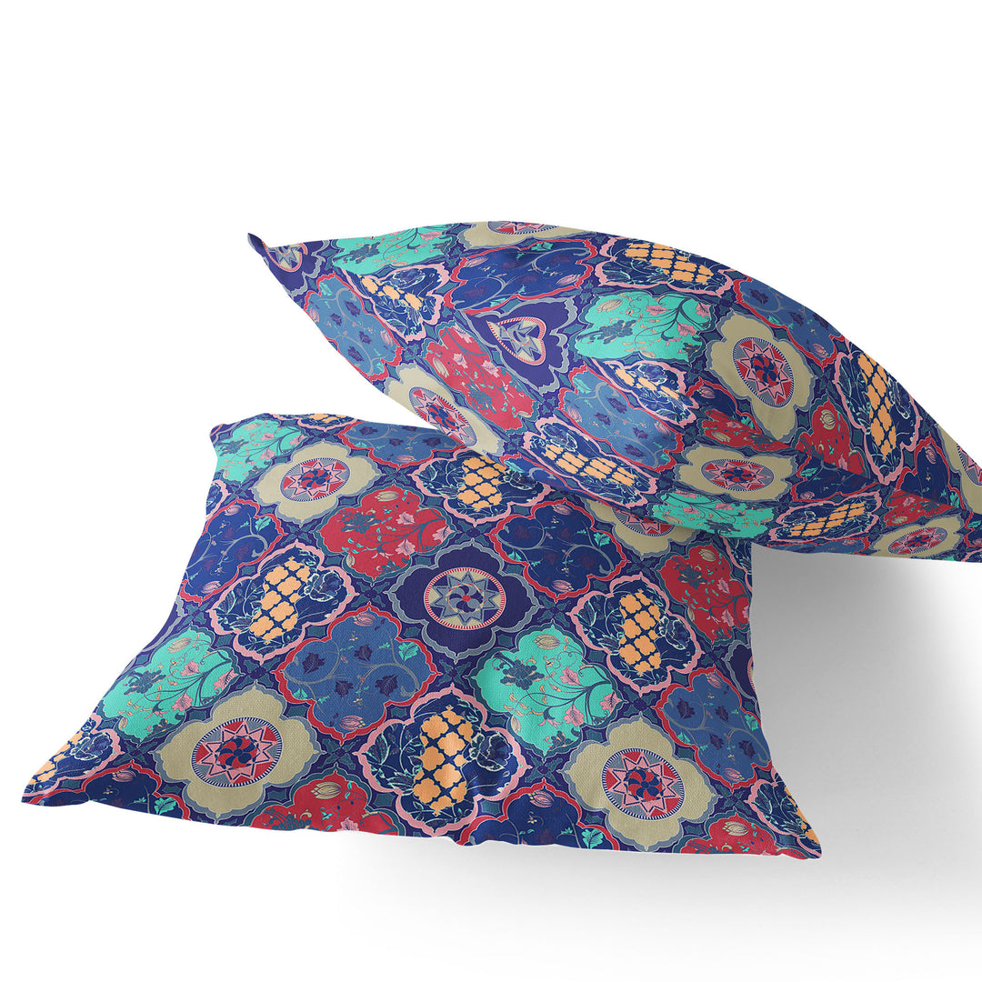 Set of Two 16" X 16" Blue and Green Blown Seam Floral Indoor Outdoor Throw Pillow