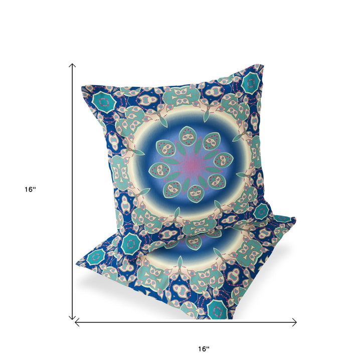 Set of Two 16" X 16" Blue and Green Blown Seam Floral Indoor Outdoor Throw Pillow