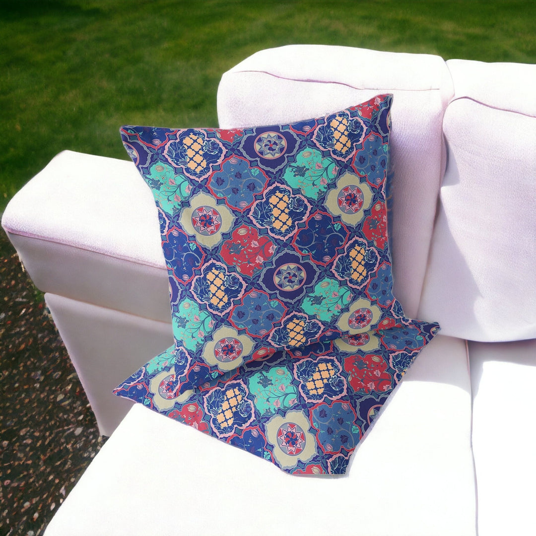 Set of Two 16" X 16" Blue and Green Blown Seam Floral Indoor Outdoor Throw Pillow