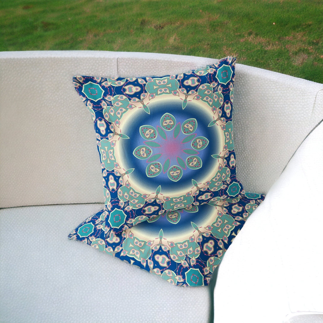 Set of Two 16" X 16" Blue and Green Blown Seam Floral Indoor Outdoor Throw Pillow