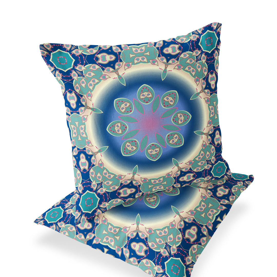 Set of Two 16" X 16" Blue and Green Blown Seam Floral Indoor Outdoor Throw Pillow