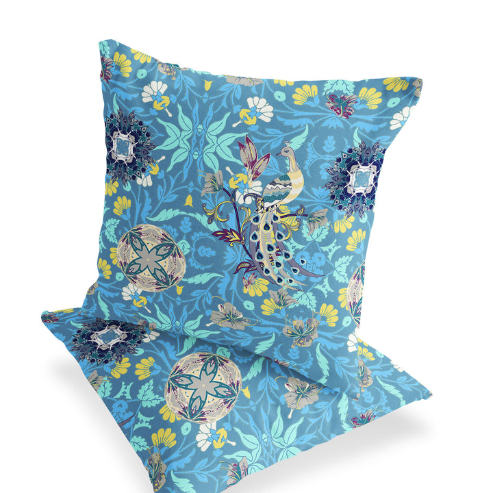 Set of Two 16" X 16" Blue and Green Peacock Blown Seam Eclectic Indoor Outdoor Throw Pillow