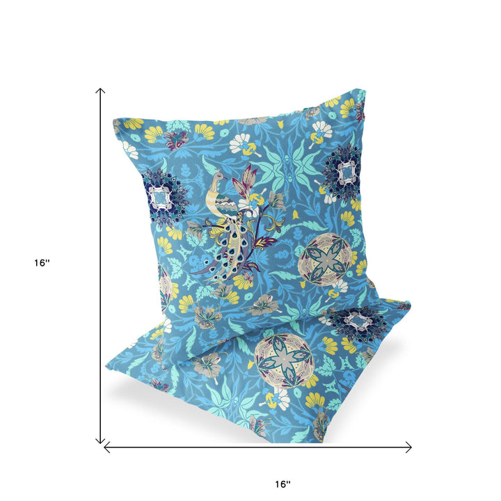 Set of Two 16" X 16" Blue and Green Peacock Blown Seam Eclectic Indoor Outdoor Throw Pillow