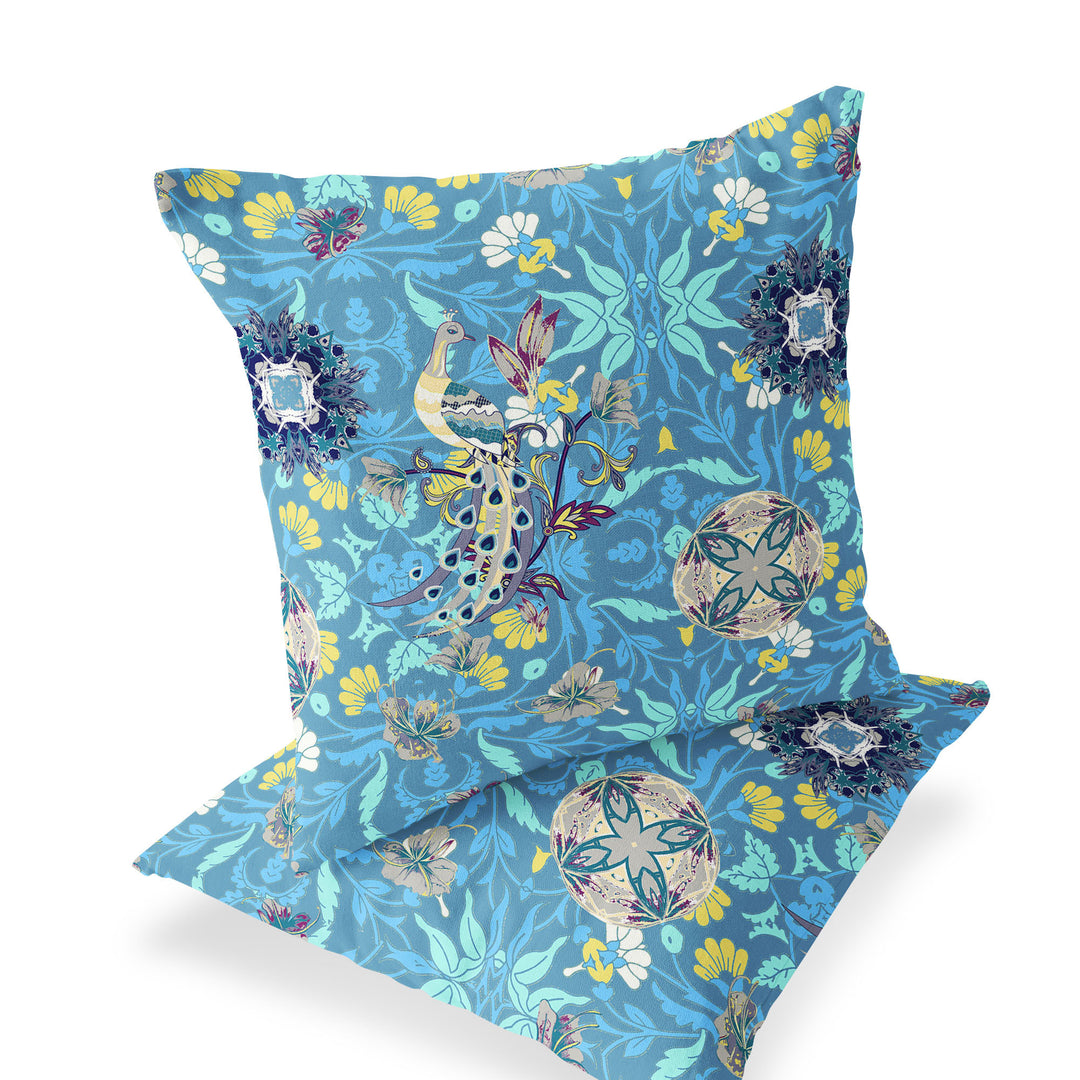 Set of Two 16" X 16" Blue and Green Peacock Blown Seam Eclectic Indoor Outdoor Throw Pillow