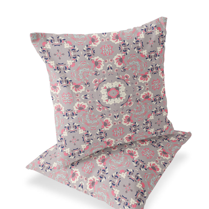 Set of Two 16" X 16" Pink and Ivory Blown Seam Floral Indoor Outdoor Throw Pillow