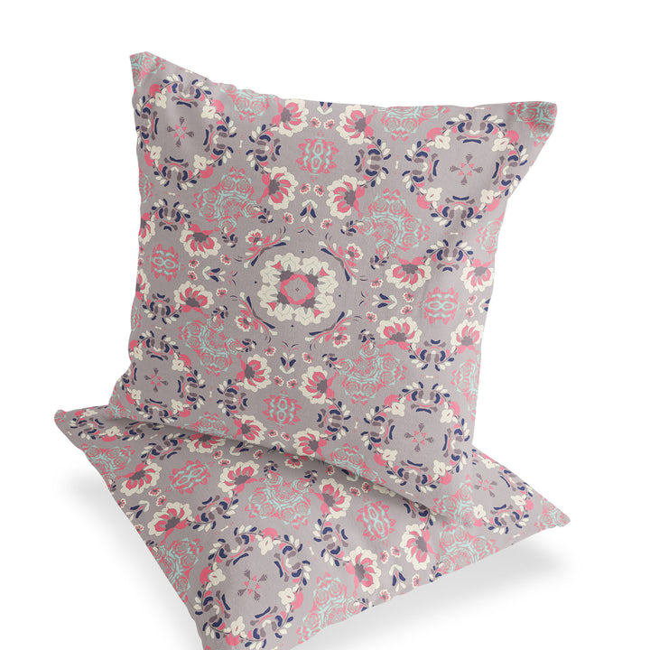 Set of Two 16" X 16" Pink and Ivory Blown Seam Floral Indoor Outdoor Throw Pillow