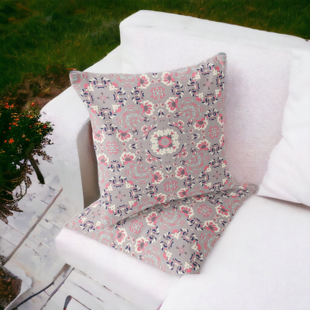 Set of Two 16" X 16" Pink and Ivory Blown Seam Floral Indoor Outdoor Throw Pillow