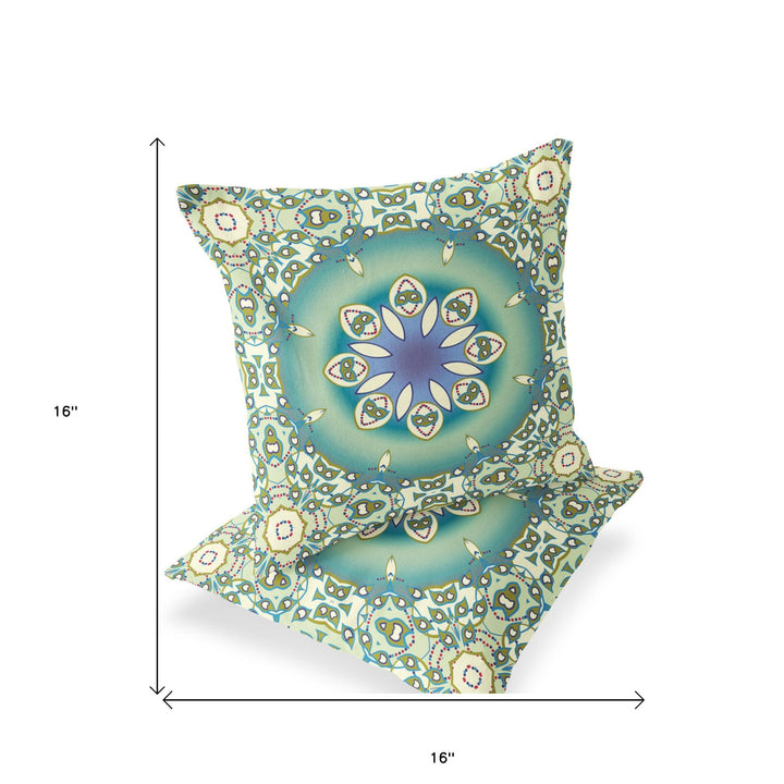 Set of Two 16" X 16" Beige and Green Blown Seam Floral Indoor Outdoor Throw Pillow