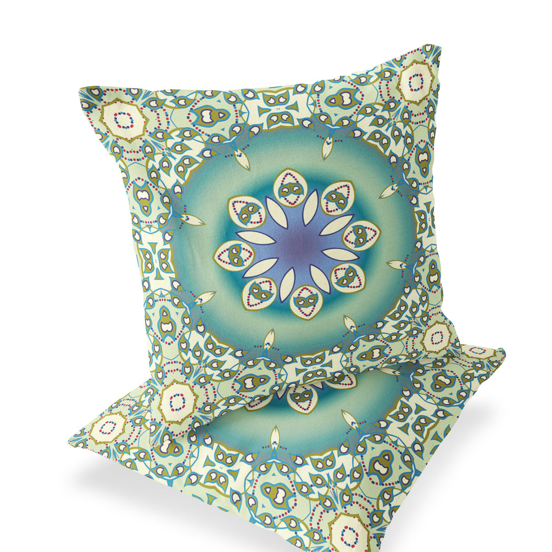 Set of Two 16" X 16" Beige and Green Blown Seam Floral Indoor Outdoor Throw Pillow