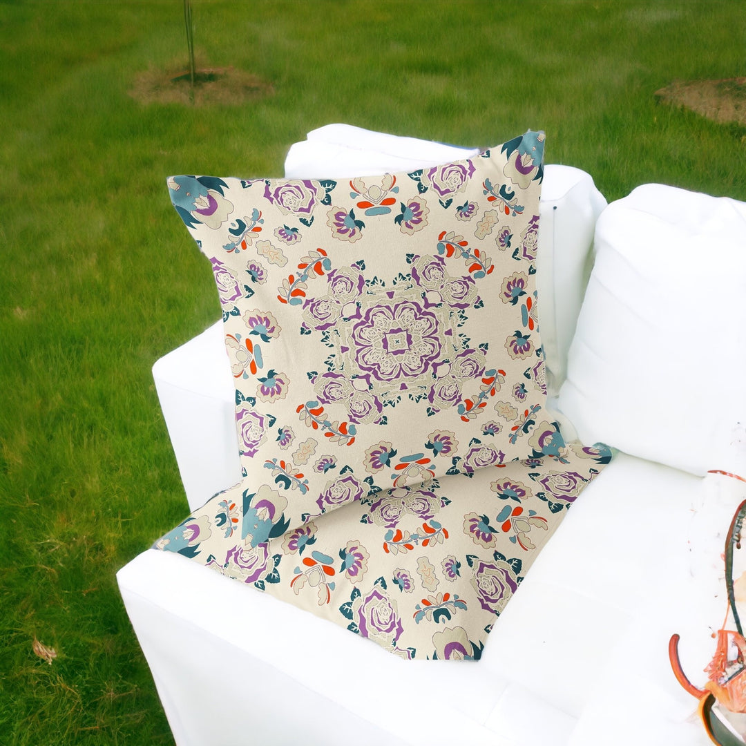 Set of Two 16" X 16" Blue and Off White Blown Seam Floral Indoor Outdoor Throw Pillow