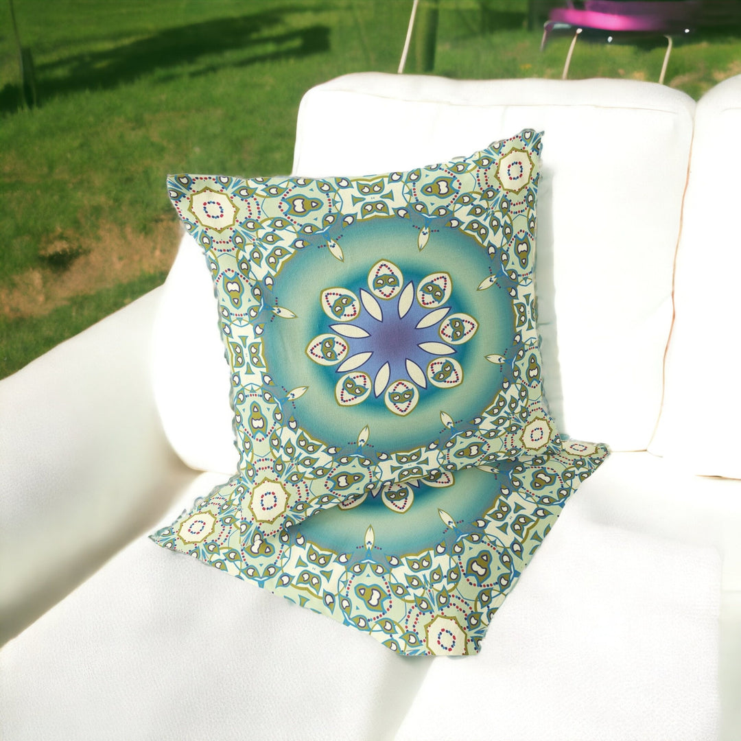 Set of Two 16" X 16" Beige and Green Blown Seam Floral Indoor Outdoor Throw Pillow