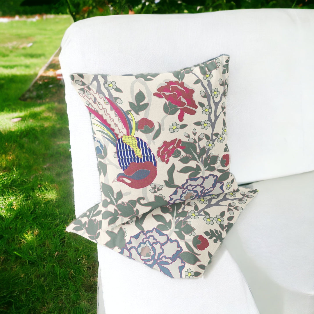 Set of Two 16" X 16" Red and White Peacock Blown Seam Floral Indoor Outdoor Throw Pillow