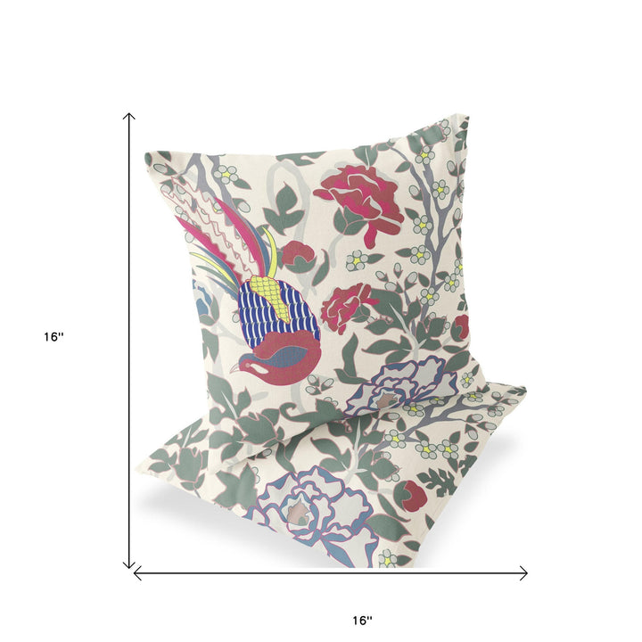 Set of Two 16" X 16" Red and White Peacock Blown Seam Floral Indoor Outdoor Throw Pillow